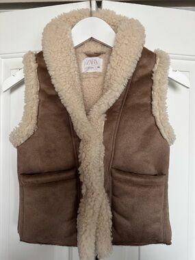 Zara Cream Sherpa-Trim Beige Faux Suede Vest